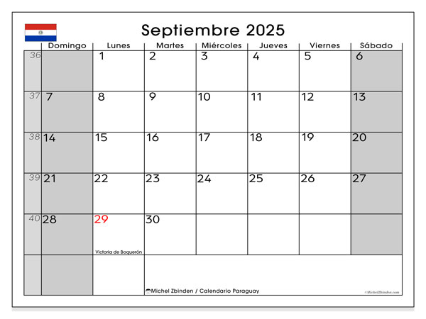 Kalendarz do druku, wrzesień 2025, Paragwaj (DS)