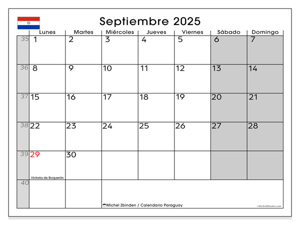 Calendario da stampare, settembre 2025, Paraguay (LD)