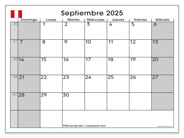 Kalender til udskrivning, september 2025, Peru (DS)