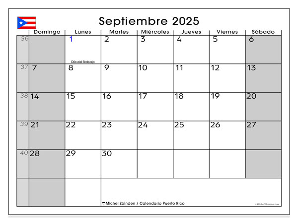 Tulostettava kalenteri, syyskuu 2025, Puerto Rico