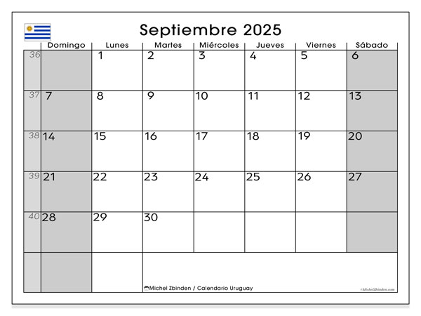 Calendario da stampare, settembre 2025, Uruguay (DS)