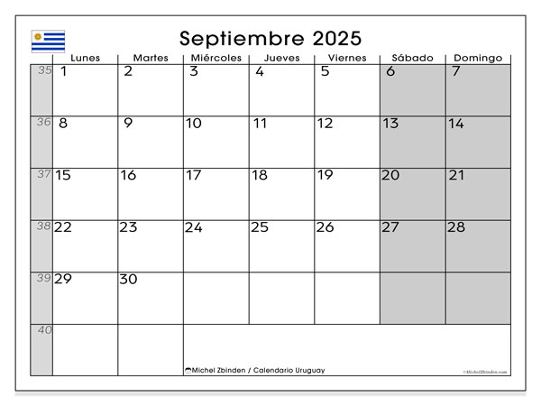 Calendrier à imprimer, septembrie 2025, Uruguay (LD)