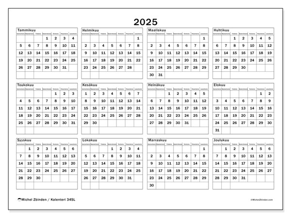 Tulostettava kalenteri, 2025, 34SL