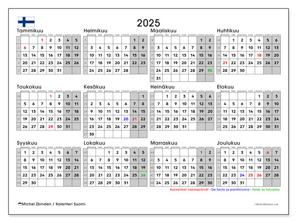 Kalender om af te drukken, annuel 2025, Finland (FI)