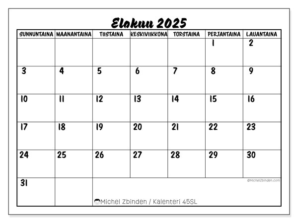 Tulostettava kalenteri, elokuu 2025, 45SL