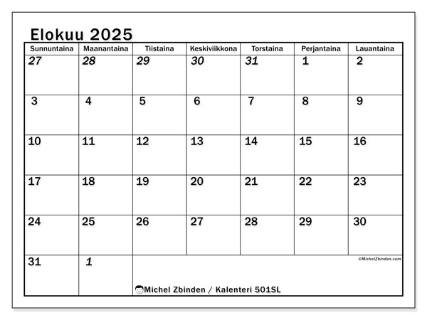 Tulostettava kalenteri, elokuu 2025, 501SL