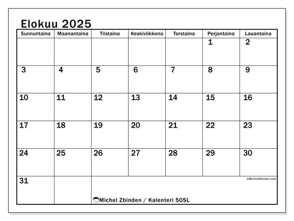 Tulostettava kalenteri, elokuu 2025, 50SL
