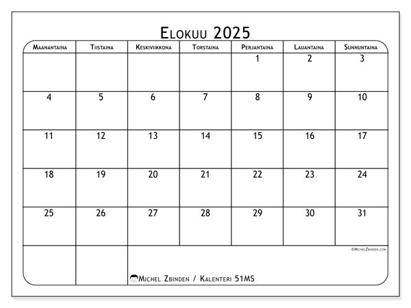 Tulostettava kalenteri, elokuu 2025, 51MS