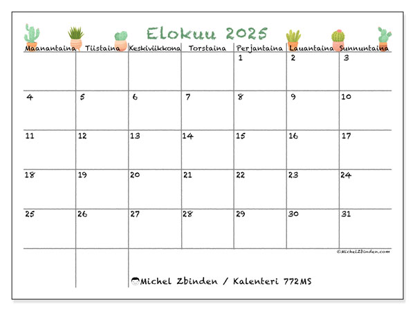 Tulostettava kalenteri, elokuu 2025, 772MS