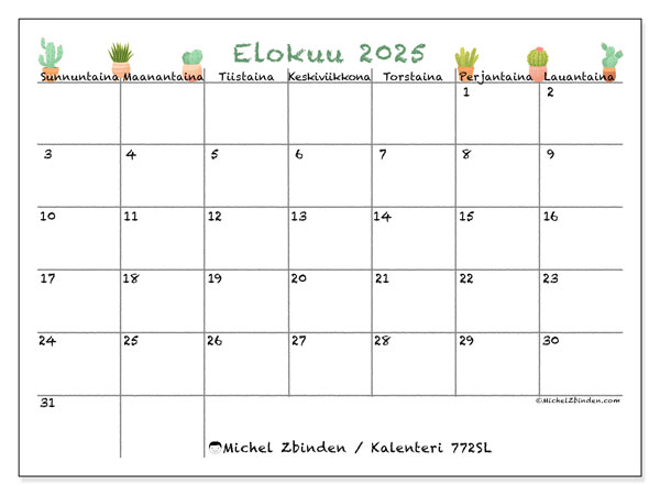 Tulostettava kalenteri, elokuu 2025, 772SL