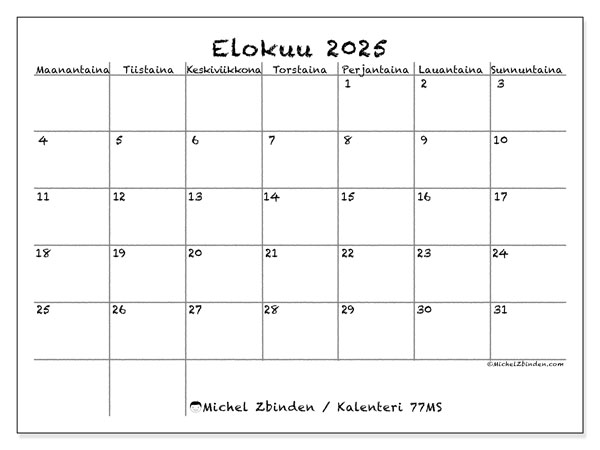 Tulostettava kalenteri, elokuu 2025, 77MS