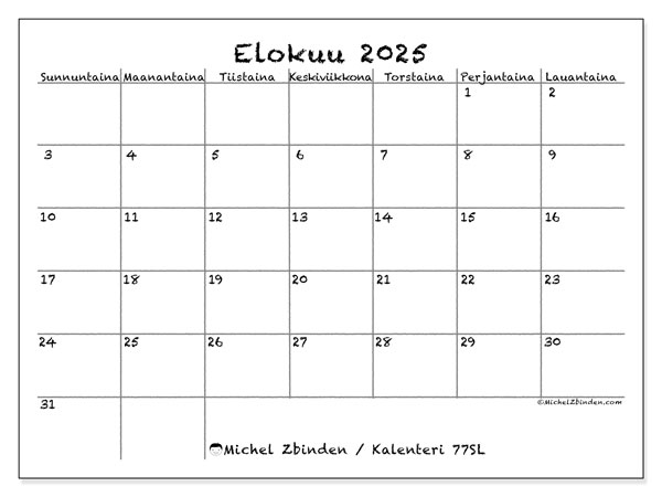 Tulostettava kalenteri, elokuu 2025, 77SL