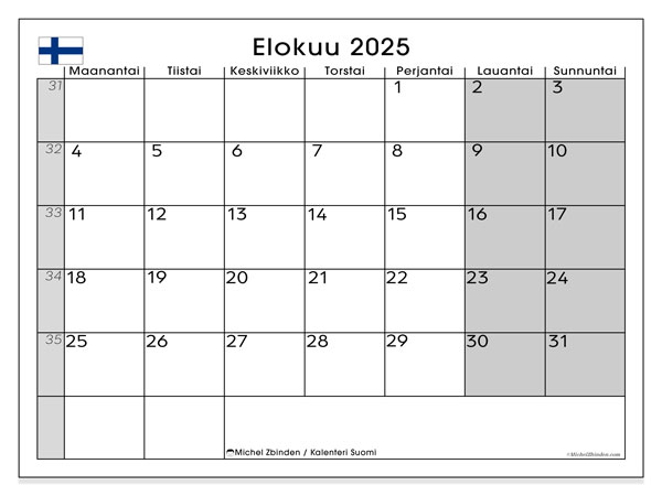 Kalender for utskrift, august 2025, Finland (FI)