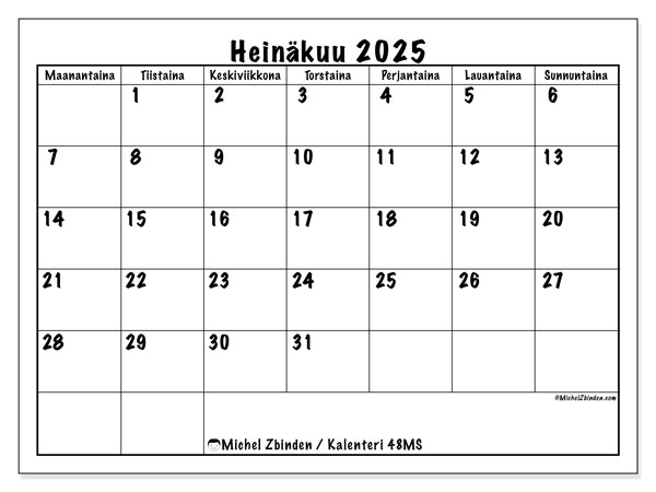 Tulostettava kalenteri, heinäkuu 2025, 48MS