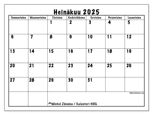 Tulostettava kalenteri, heinäkuu 2025, 48SL