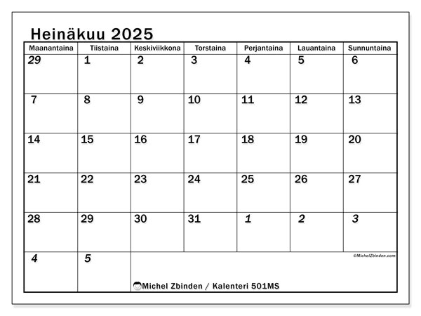 Tulostettava kalenteri, heinäkuu 2025, 501MS