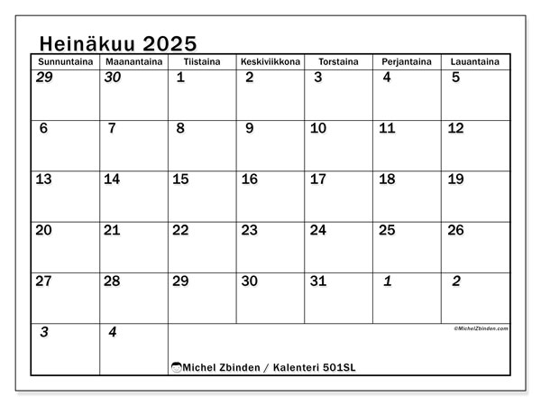 Tulostettava kalenteri, heinäkuu 2025, 501SL