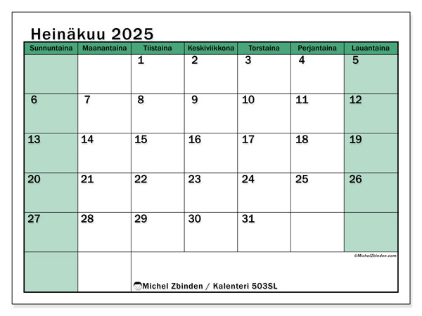 Tulostettava kalenteri, heinäkuu 2025, 503SL