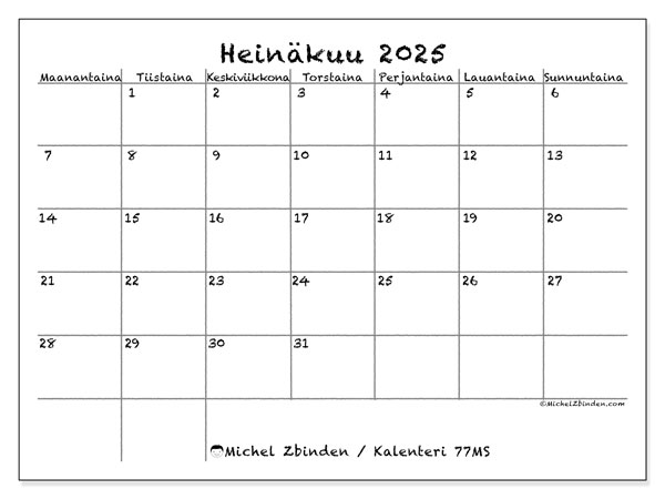 Tulostettava kalenteri, heinäkuu 2025, 77MS