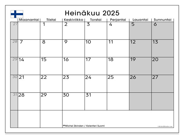 Kalendarz do druku, lipiec 2025, Finlandia (FI)