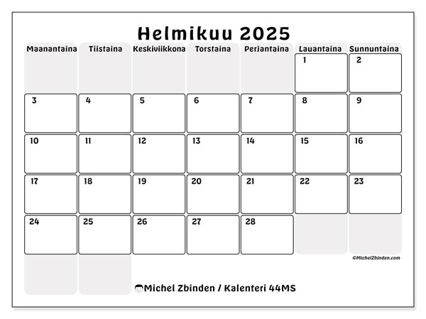 Kalenteri helmikuu 2025 “44”. Ilmainen tulostettava kartta.. Maanantaista sunnuntaihin