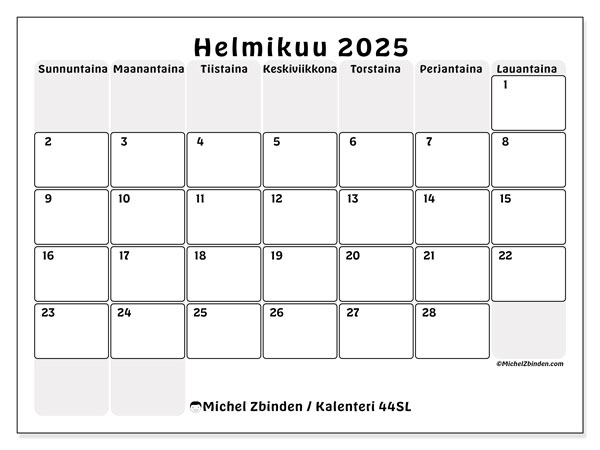 Kalenteri helmikuu 2025 “44”. Ilmainen tulostettava kartta.. Sunnuntaista lauantaihin