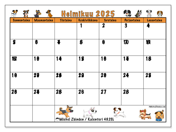 Kalenteri helmikuu 2025 “482”. Ilmainen tulostettava ohjelma.. Sunnuntaista lauantaihin