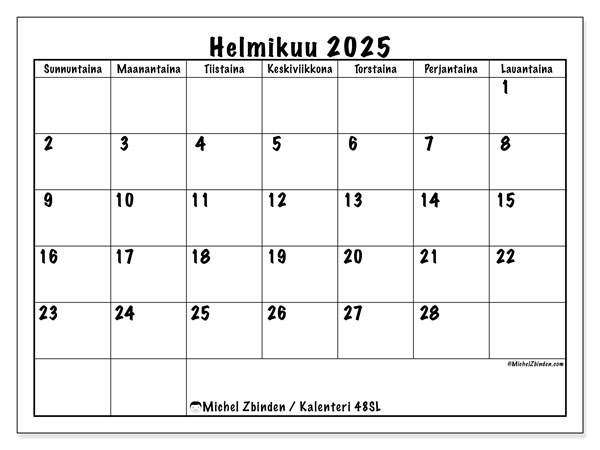 Kalenteri helmikuu 2025 “48”. Ilmainen tulostettava ohjelma.. Sunnuntaista lauantaihin