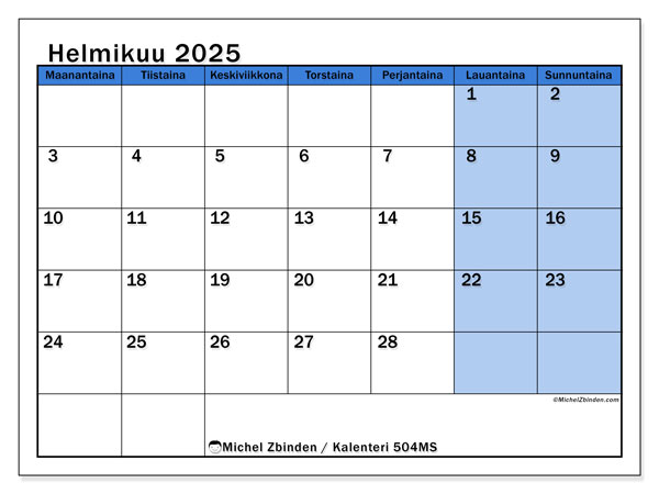 Kalenteri helmikuu 2025 “504”. Ilmainen tulostettava kartta.. Maanantaista sunnuntaihin