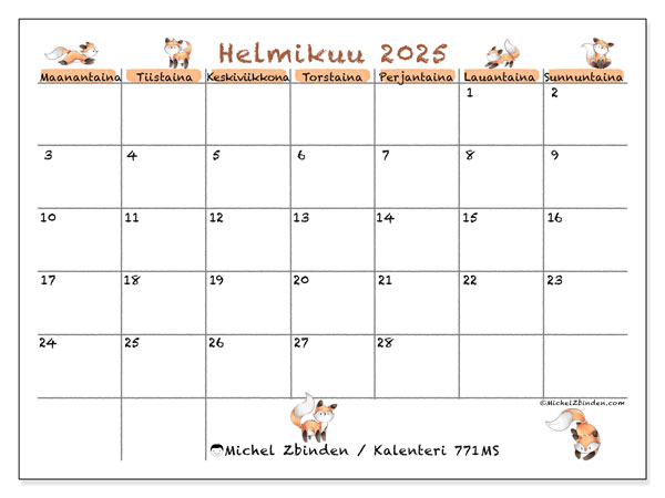 Kalenteri helmikuu 2025, 771MS. Ilmainen tulostettava kalenteri.
