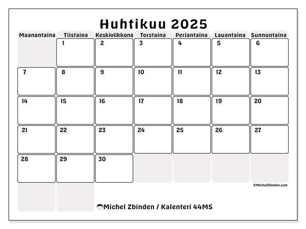 Kalenteri huhtikuu 2025 “44”. Ilmainen tulostettava ohjelma.. Maanantaista sunnuntaihin