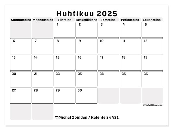 Kalenteri huhtikuu 2025 “44”. Ilmainen tulostettava ohjelma.. Sunnuntaista lauantaihin