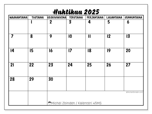 Tulostettava kalenteri, huhtikuu 2025, 45MS