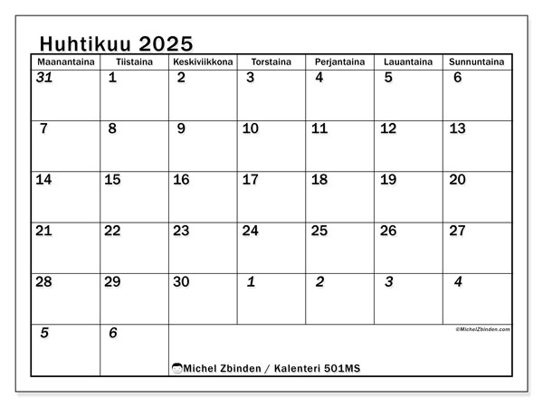 Kalenteri huhtikuu 2025 “501”. Ilmainen tulostettava ohjelma.. Maanantaista sunnuntaihin