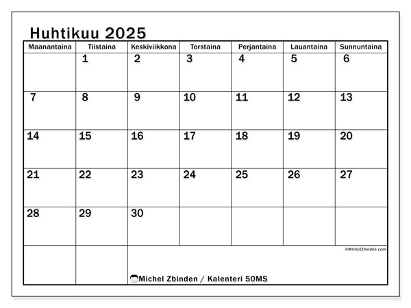 Kalenteri huhtikuu 2025 “50”. Ilmainen tulostettava lehti.. Maanantaista sunnuntaihin