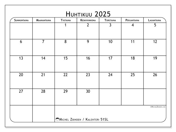 Tulostettava kalenteri, huhtikuu 2025, 51SL