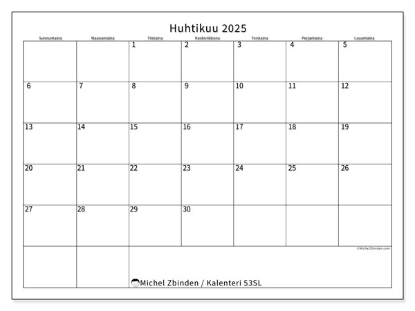Kalenteri huhtikuu 2025 “53”. Ilmainen tulostettava kalenteri.. Sunnuntaista lauantaihin