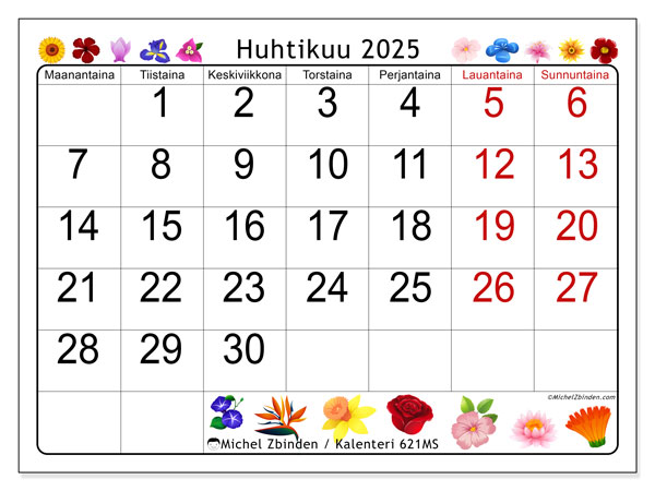Tulostettava kalenteri, huhtikuu 2025, 621MS