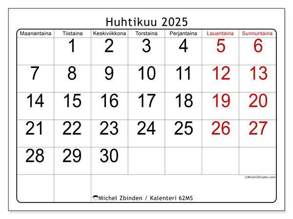 Kalenteri huhtikuu 2025 “62”. Ilmainen tulostettava kartta.. Maanantaista sunnuntaihin