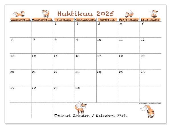 Kalenteri huhtikuu 2025 “771”. Ilmainen tulostettava aikataulu.. Sunnuntaista lauantaihin