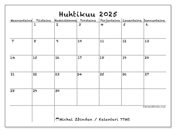Tulostettava kalenteri, huhtikuu 2025, 77MS