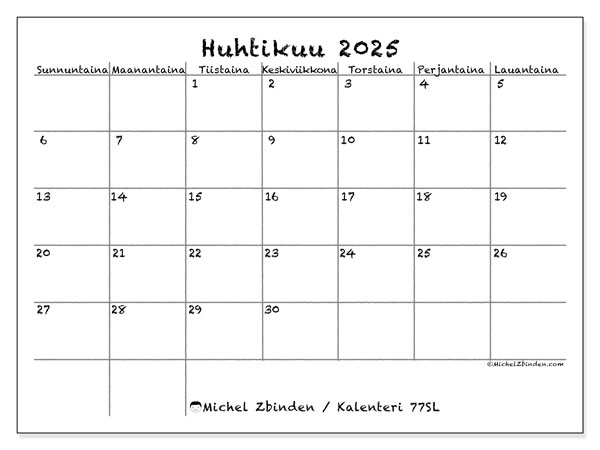 Tulostettava kalenteri, huhtikuu 2025, 77SL