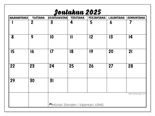 Tulostettava kalenteri, joulukuu 2025, 45MS