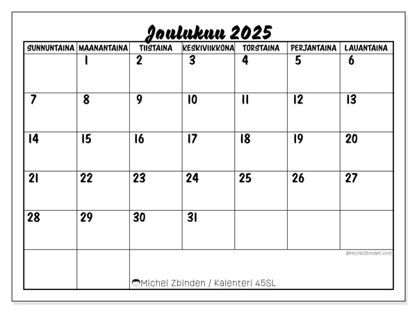 Tulostettava kalenteri, joulukuu 2025, 45SL