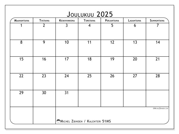 Tulostettava kalenteri, joulukuu 2025, 51MS