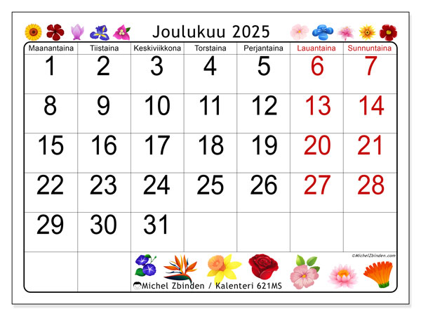 Tulostettava kalenteri, joulukuu 2025, 621MS