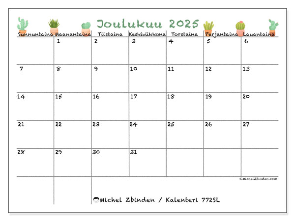 Tulostettava kalenteri, joulukuu 2025, 772SL