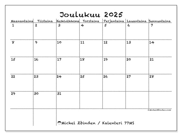 Tulostettava kalenteri, joulukuu 2025, 77MS