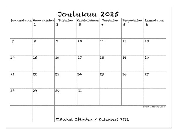 Tulostettava kalenteri, joulukuu 2025, 77SL