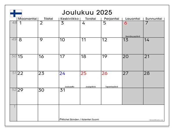 Kalender for utskrift, desember 2025, Finland (FI)